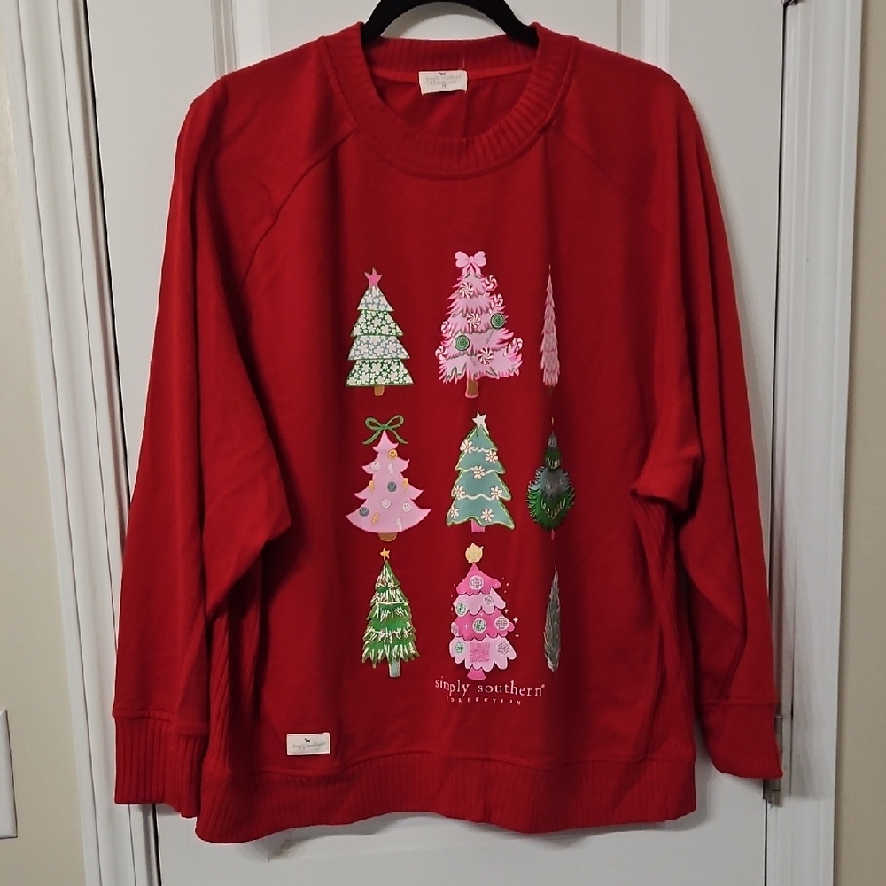 Simply Southern Festive Red Sweater with Christmas Trees
